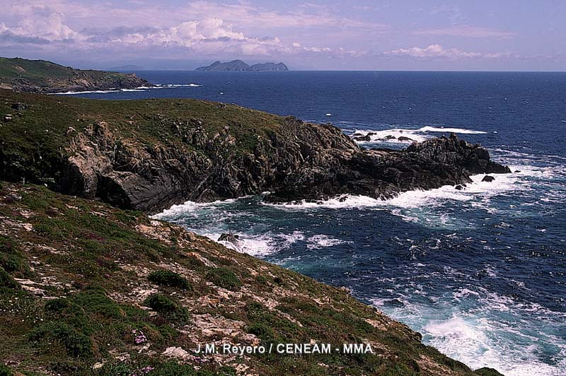 Los acantilados de la Isla de Ons tienen una suave pendiente y actúan de rompeolas naturales de la ría de Pontevedra.