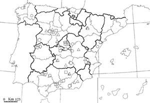 Distribución de 8 haplotipos encontrados en olmos analizados mediante marcadores de ADNcp en España