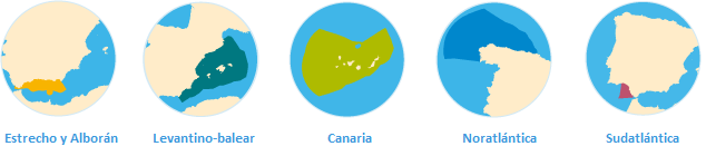 Para ver los documentos del primer y segundo ciclos de las estrategias marinas de cada una de las demarcaciones, haz click en el círculo correspondiente