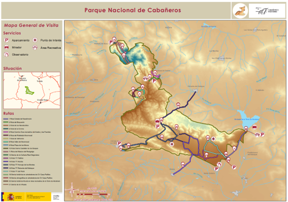 Mapa de los itinerarios del Parque Nacional de Cabañeros