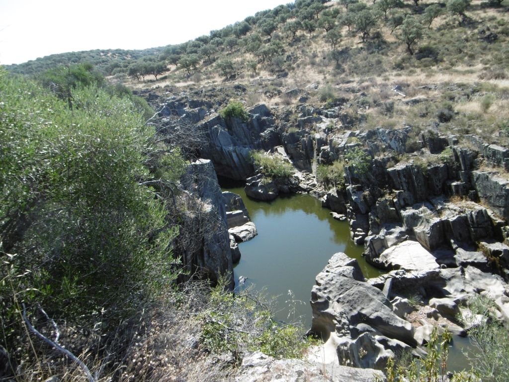 Afloramiento de roca madre en la reserva natural fluvial Río Almonte que no permite el desarrollo de vegetación de ribera