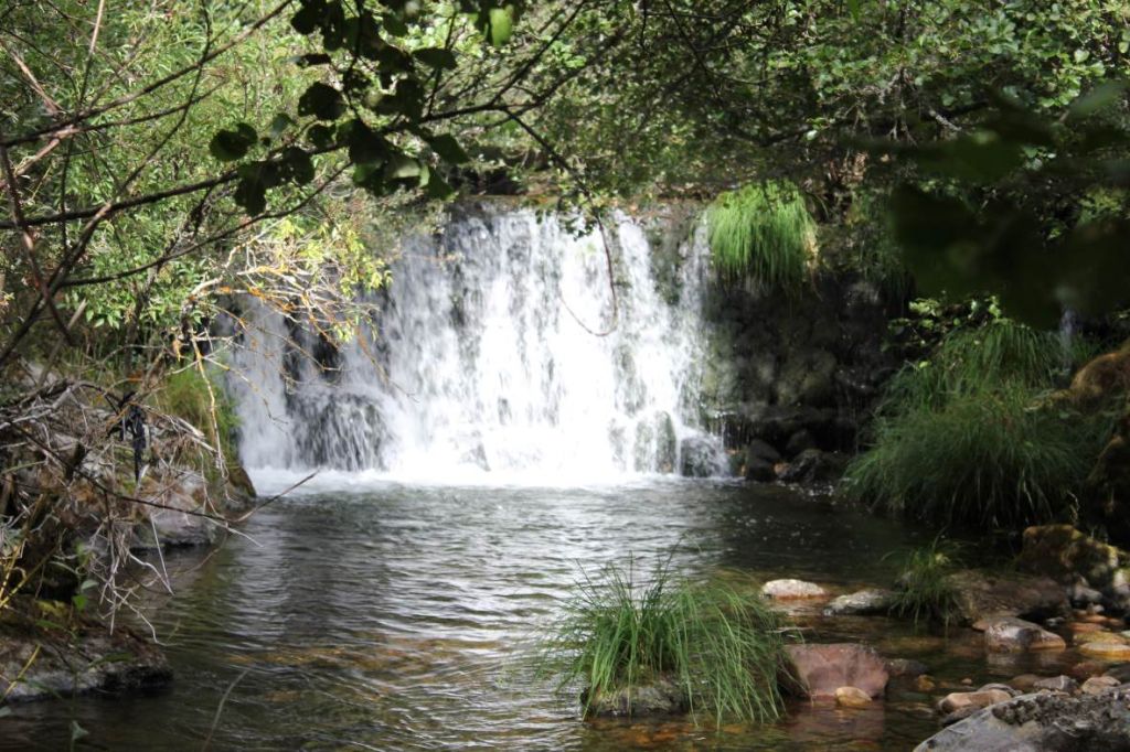 Salto de agua causado por un azud en la reserva natural fluvial Alto Omaña