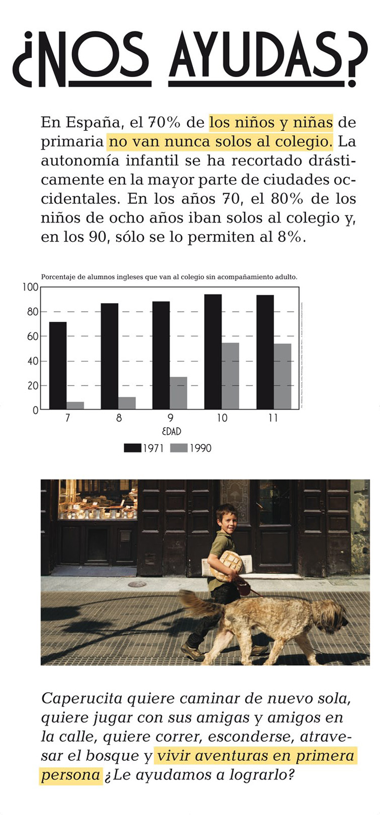 Panel 7 (complementa al panel 1). En España, el 70% de los niños y niñas de primaria no van nunca solos al colegio. Hace sólo 40 años, el 80% de los niños de ocho años lo hacían. ¿Les ayudamos a recuperar la calle?