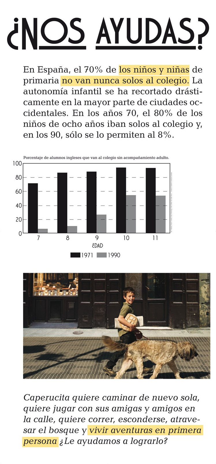 Panel 7 (complementa al panel 1). En España, el 70% de los niños y niñas de primaria no van nunca solos al colegio. Hace sólo 40 años, el 80% de los niños de ocho años lo hacían. ¿Les ayudamos a recuperar la calle?