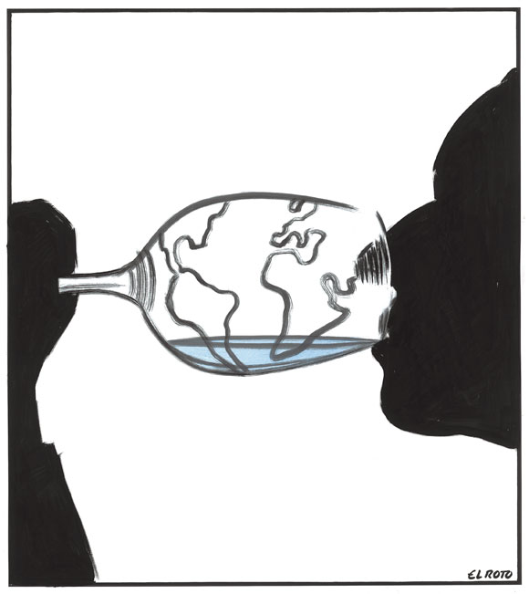 Silueta de un hombre bebiendo agua de una copa, con el relieve del mapamundi