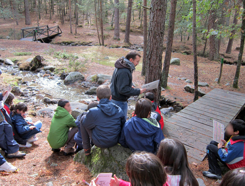 Alumnos y alumnas escuchan al profesor que informa sobre pequeños seres vivos que se pueden observar en el agua
