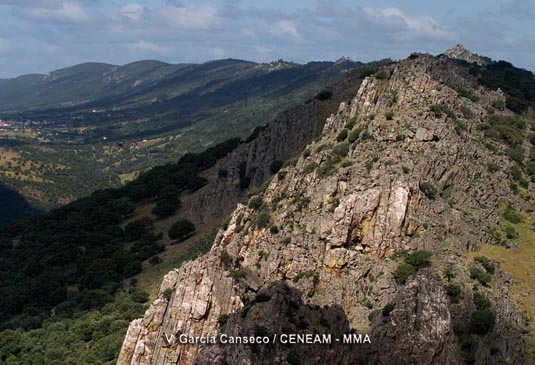 Las cuarcitas, son las rocas que marcan y caracterizan la estructura del parque. Sierra de Santa Catalina con Peñafalcón en primer plano.