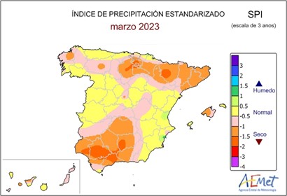 Índice SPI a 36 meses (indicador de la sequía de larga duración) a finales de marzo de 2023