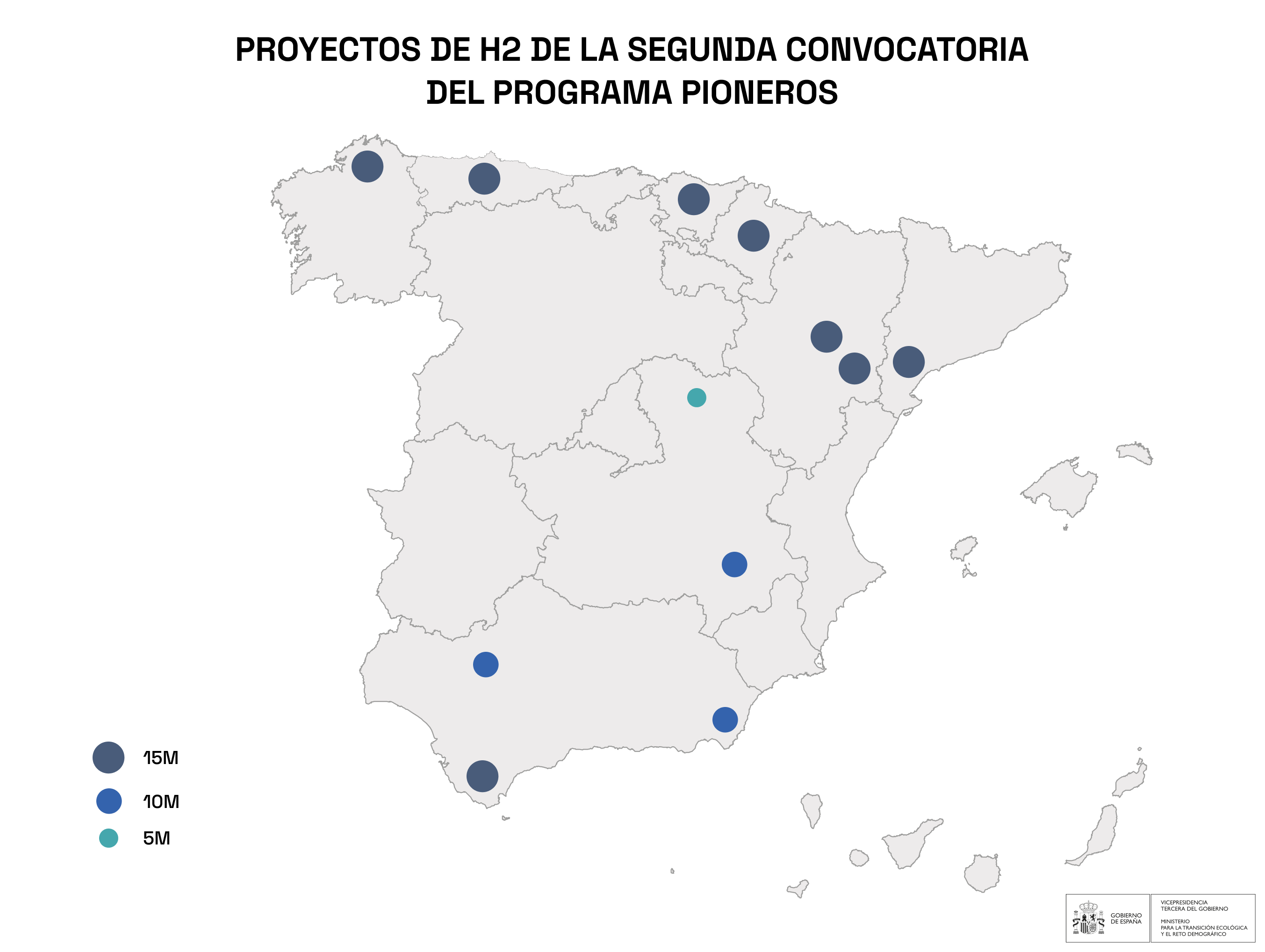 Mapa de la ubicación de los proyectos de H2 de la segunda convocatoria del programa Pioneros