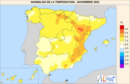 Mapa de anomalías de temperaturas de noviembre