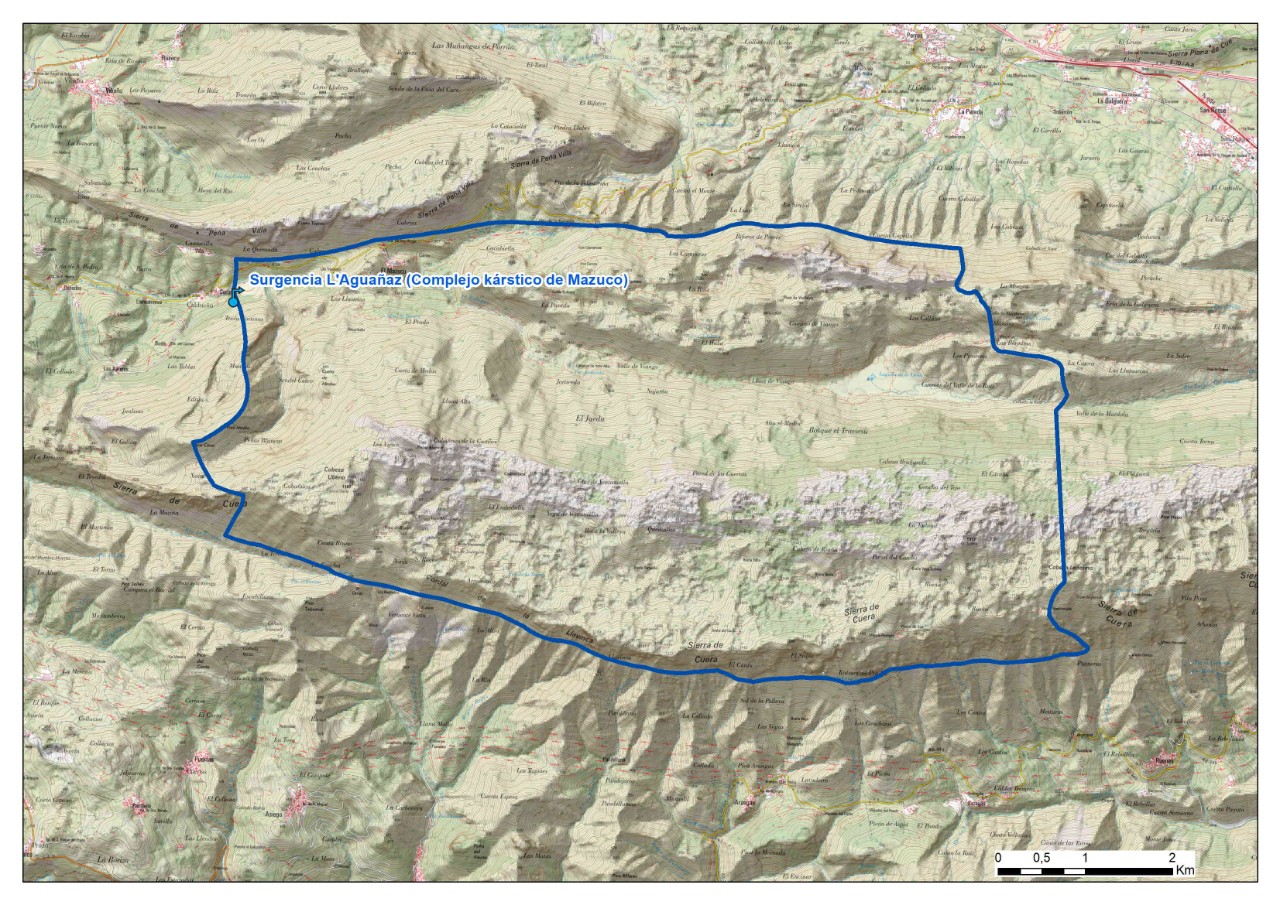 Mapa detalle Manantial de Surgencia L’Aguañaz (Complejo kárstico del Mazuco)