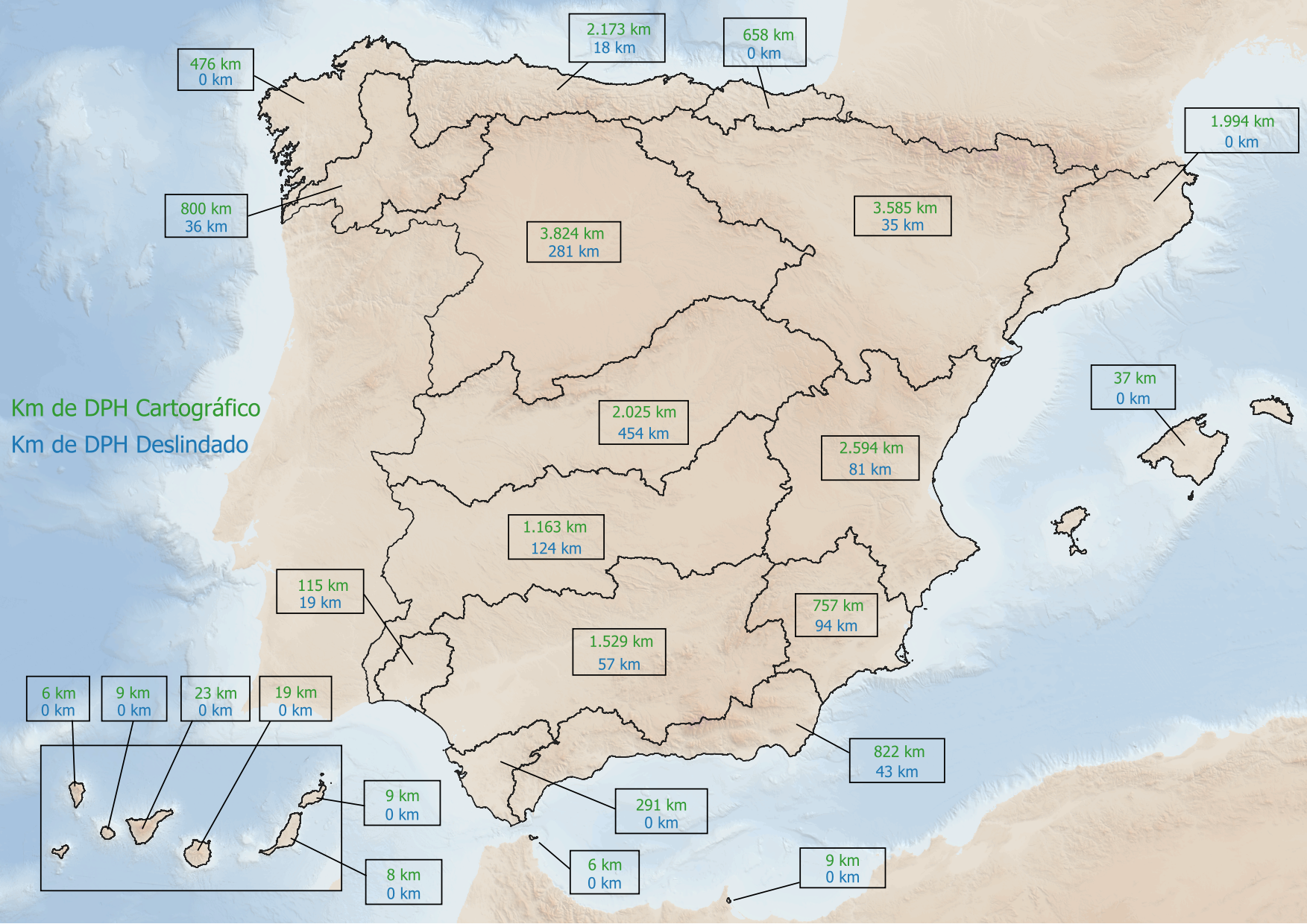 Km. de cauce con estudios de DPH y con deslindes