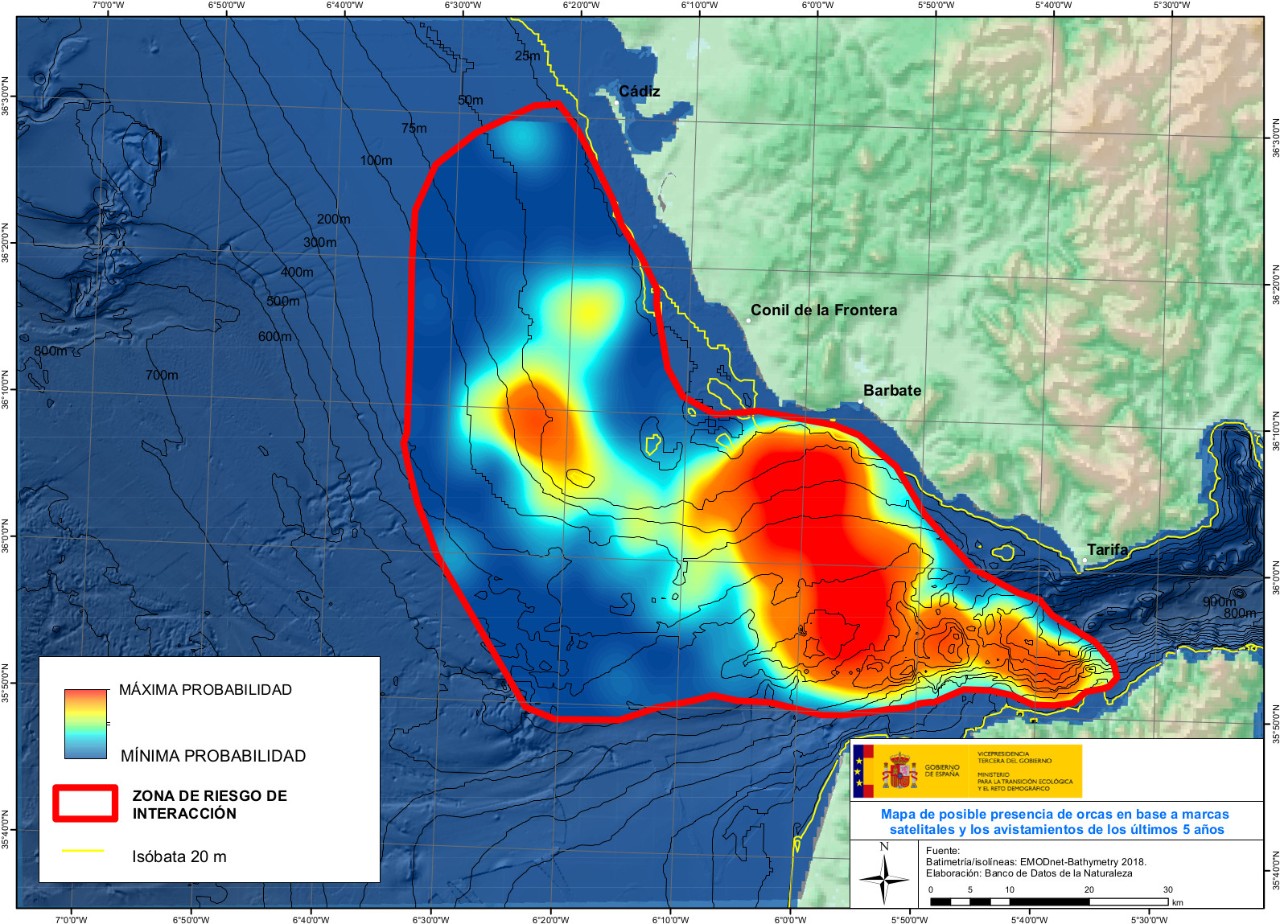 Mapa de posible presencia de orcas en base a marcas satelitales  y los avistamientos de los últimos 5 años en el Golfo de Cádiz