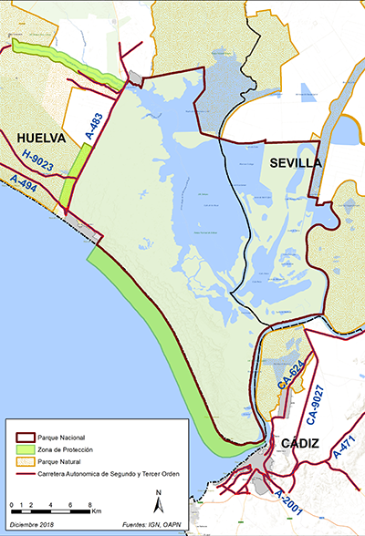 Mapa de accesos al Parque Nacional de Doñana