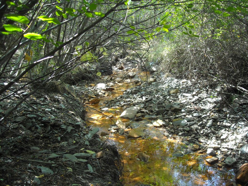 El agua zigzaguea entre los cantos y grabas en la reserva natural fluvial Ríos Riato y Puebla