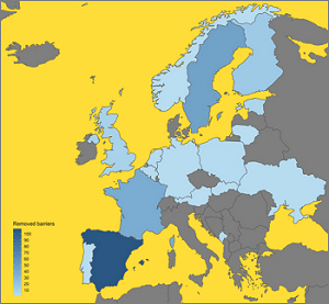 Mapa de los países europeos que durante 2021 demolieron barreras (El gradiente de color refleja el número de casos de demolición).