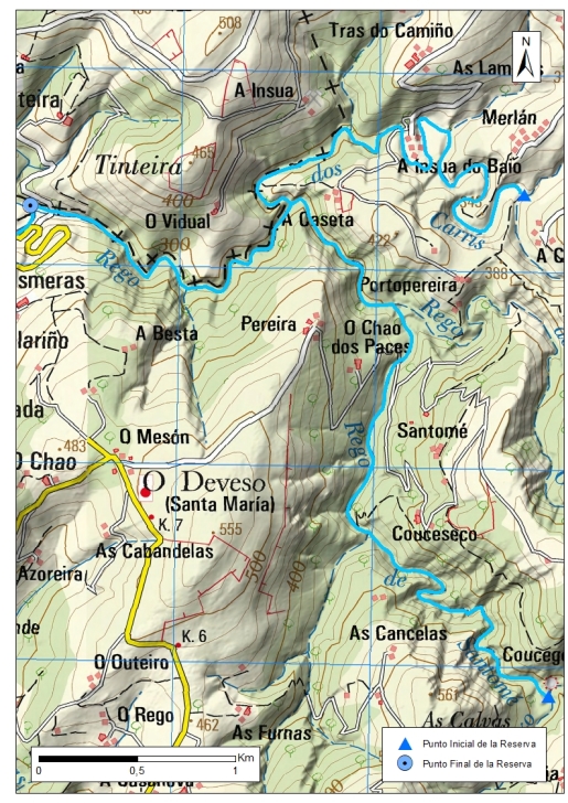 Detalle mapa Río Mera. Zona: Rego dos Carris