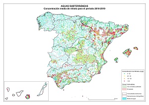 Aguas subterráneas - Concentración media de nitrato para el período 2016-2019 (Haga clic para ampliar)