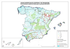 Aguas superficiales (costeras y de transición) - Concentración media de nitrato para el período 2016-2019 (Haga clic para ampliar)
