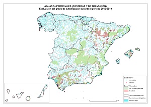 Aguas superficiales (costeras y de transición) - Evaluación del grado de eutrofización durante el período 2016-2019 (Haga clic para ampliar)