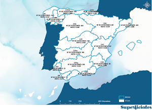 Aguas superficiales: Nº de estaciones y Ratio estación km lineal de masa de agua (Haga clic para ampliar)
