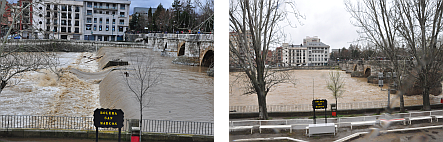 La retirada de infraestructuras obsoletas contribuye a mejorar la capacidad de desagüe de los ríos en avenidas. Imágenes antes y después de las obras de demolición del azud de San Marcos en el río Bernesga (Léon).