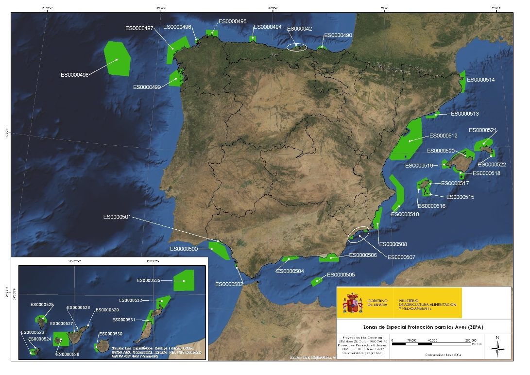 Mapa de Zonas de Especial Protección para las Aves marinas