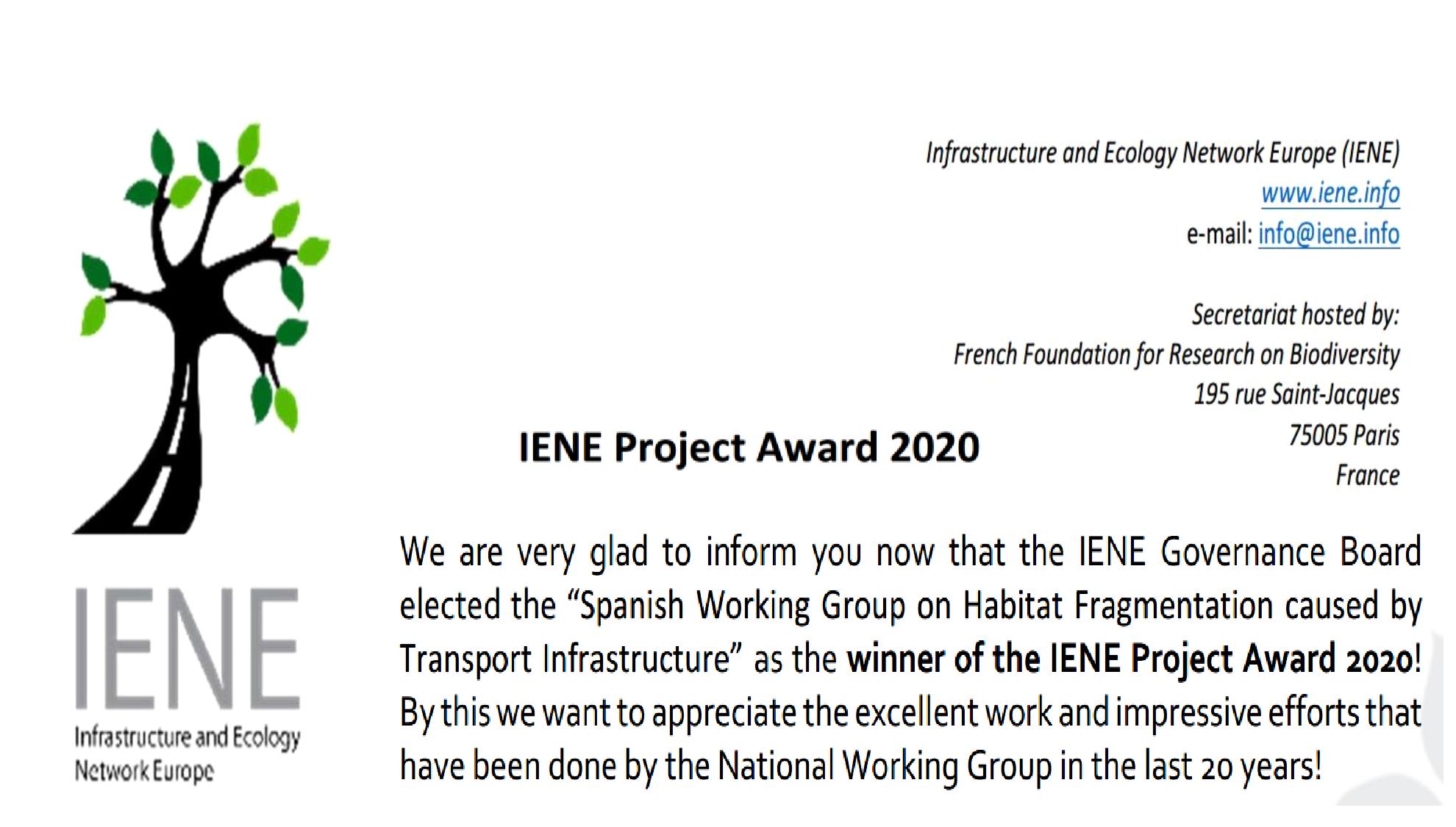 Premio de la organización Infrastructure and Ecology Network Europe (IENE) 2020