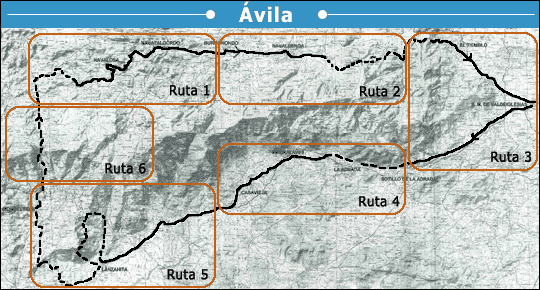 Mapa describiendo las rutas que hay en Ávila (a continuación se detallan las 6 rutas existentes)