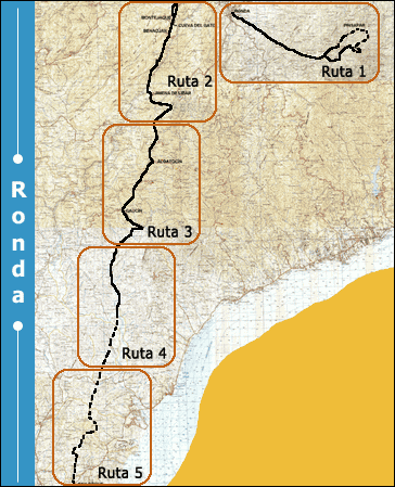 Mapa describiendo las rutas que hay en Ronda (a continuación se detallan las 5 rutas existentes)