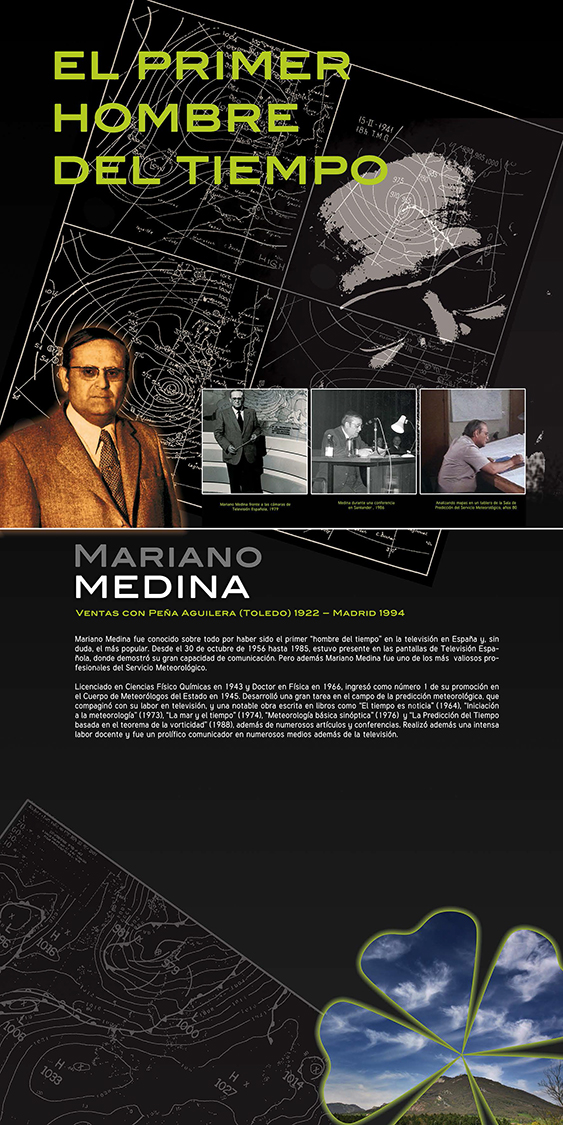 Panel 22- Mariano Medina, licenciado en Ciencias Físico Químicas, nació en Ventas con Peña Aguilera (Toledo) en 1922, fue conocido como el primer “hombre del tiempo” en la televisión de España y, sin duda, el más popular.