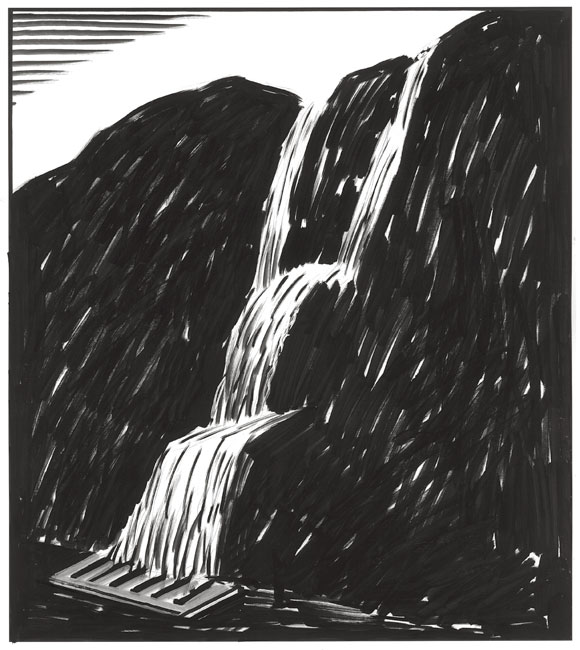 Agua cayendo por una ladera, a modo de catarata, desembacando en una alcantarilla