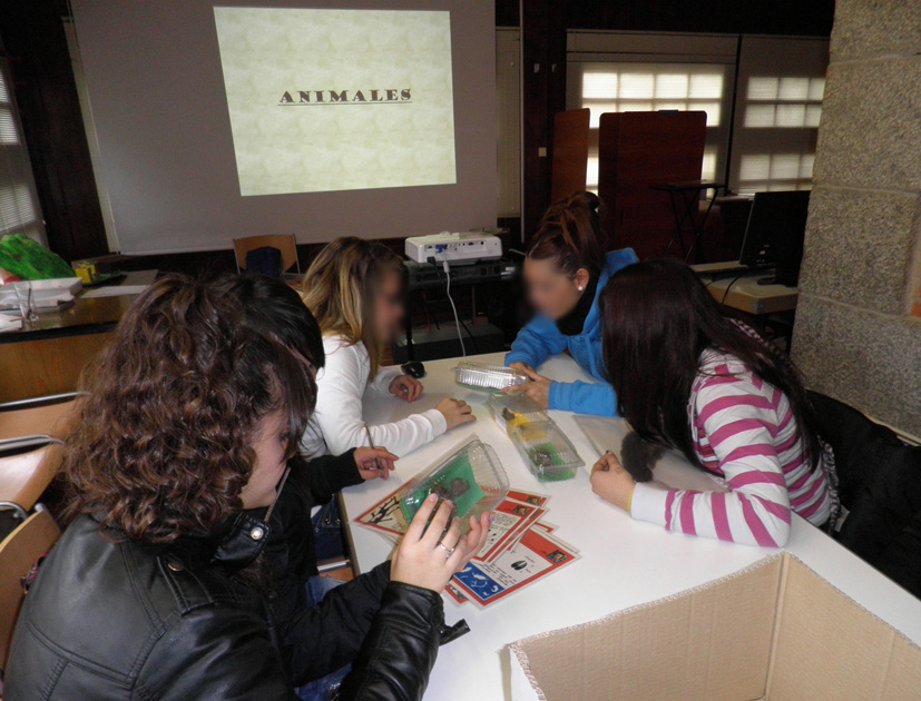 Un grupo de alumnas observa con detalle los restos y huellas de animales