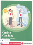Dibujo de dos voluntarios de Cruz Roja sobre dos paisajes diferentes, uno desertico y otor lluvioso