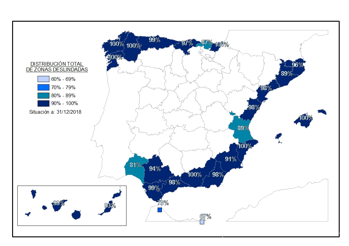 Mapa de España que presenta porcentaje de zonas deslindadas por provincia