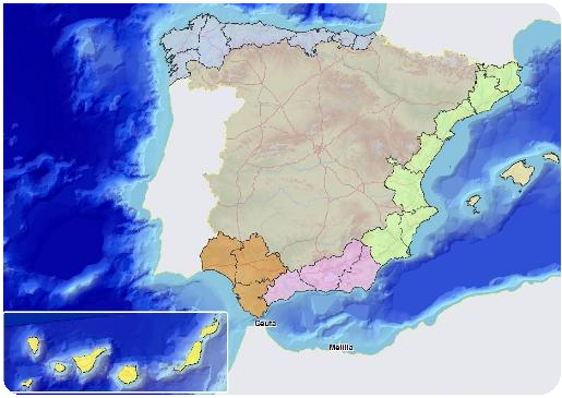 Mapa de España con las distintas zonas litorales resaltadas