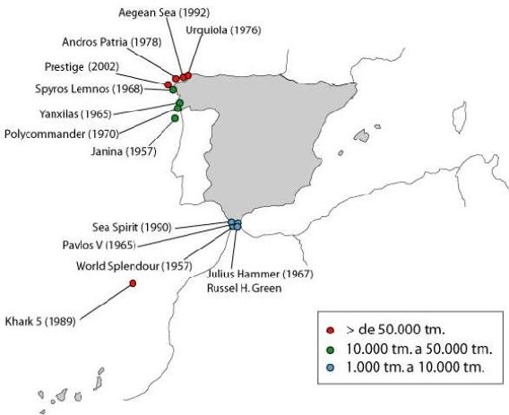Mapa de España donde se señalan los principales vertidos