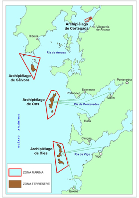Mapa de accesos a Islas Atlánticas de Galicia