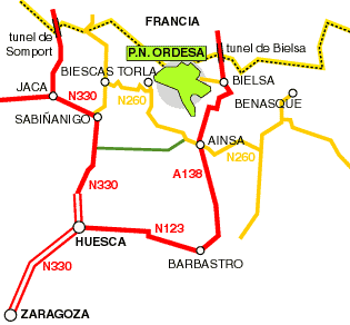 Mapa de acceso al Parque Nacional de Ordesa y Monte Perdido