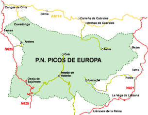 Mapa con los accesos al P.N. Picos de Europa