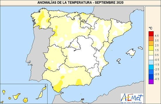 Anomalía temperatura septiembre.Balance parcial de 2020: hasta ahora el año más cálido en España