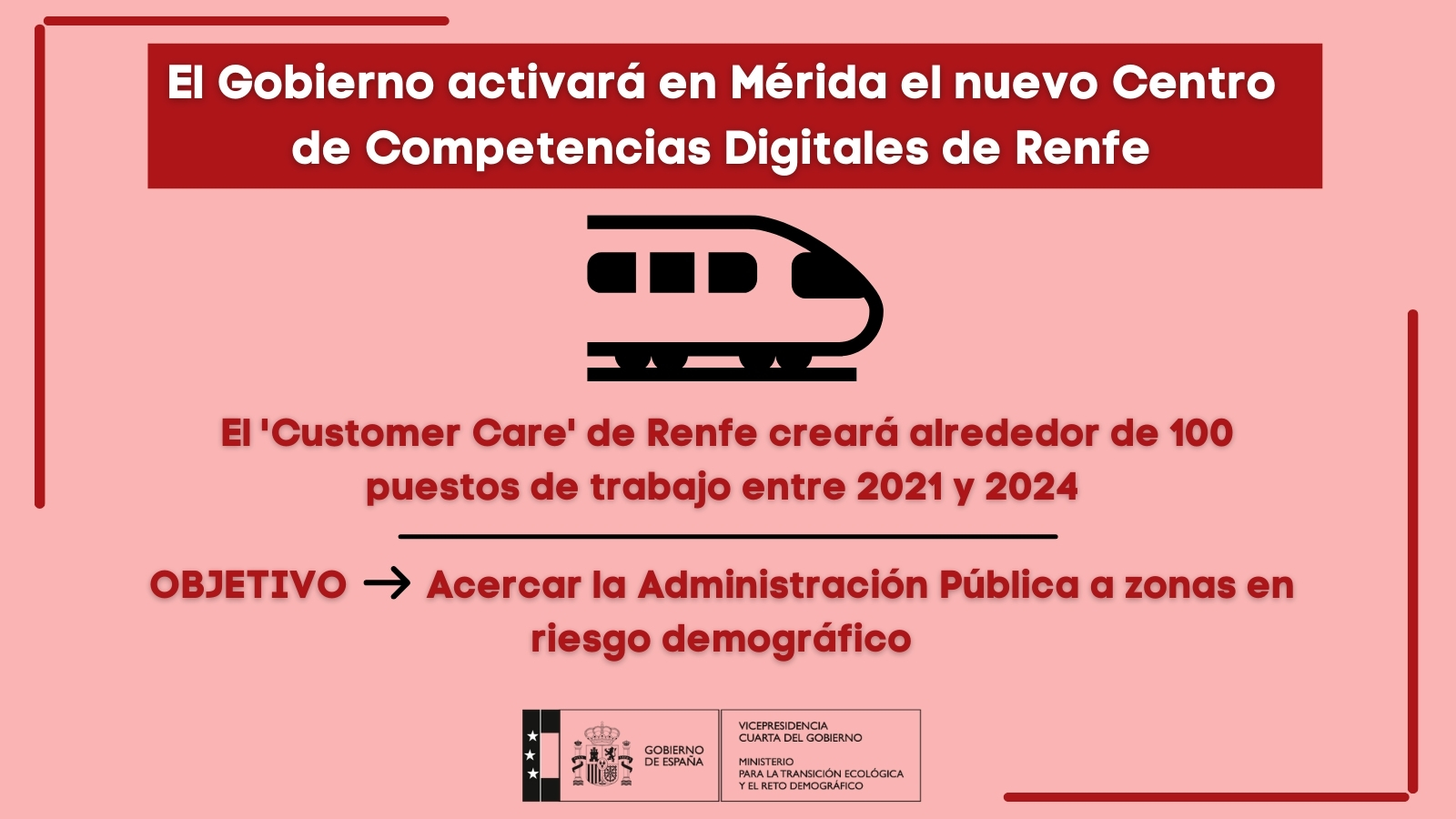 Centro de Renfe en MéridaEl Gobierno pondrá en marcha en Mérida un nuevo Centro de Competencias Digitales de Renfe con 100 puestos de trabajo cualificados
