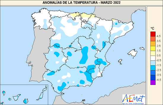 20220407 AEMET Anomalia temperaturas marzo.