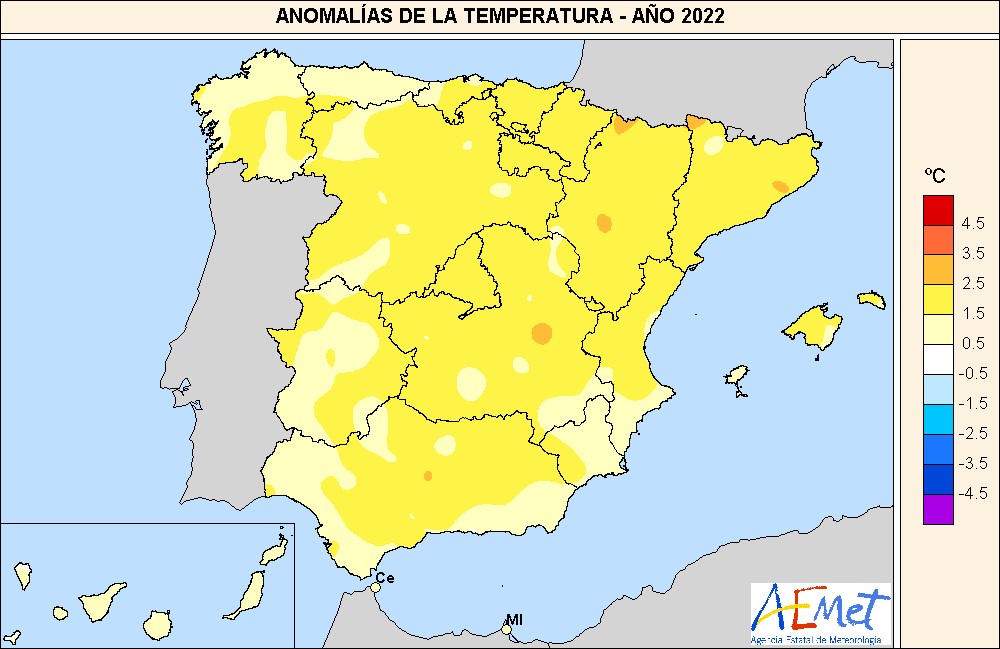  Anomaliatemp_mapa20222022 continúa la tendencia y se posiciona como el año más cálido en España desde que hay registros 