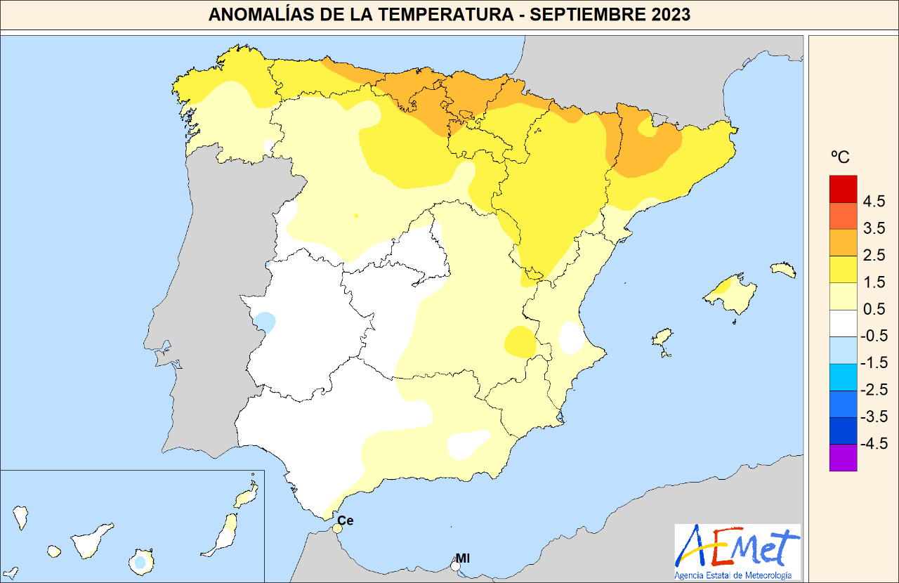 Mapa de temperaturas del mes de septiembre de 2023