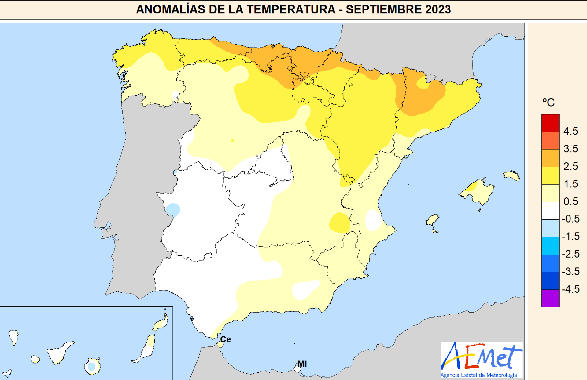 Mapa de temperaturas del mes de septiembre de 2023