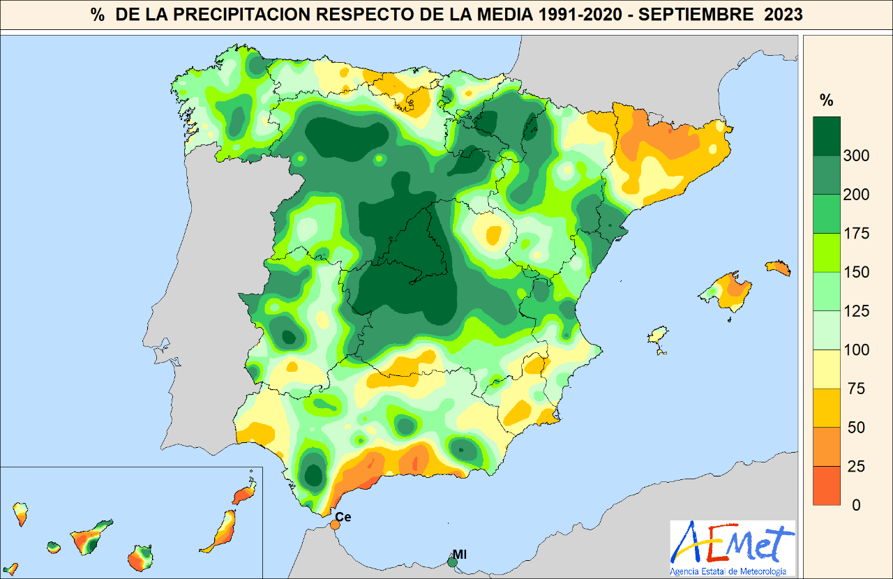 Mapa de precipitaciones de septiembre de 2023