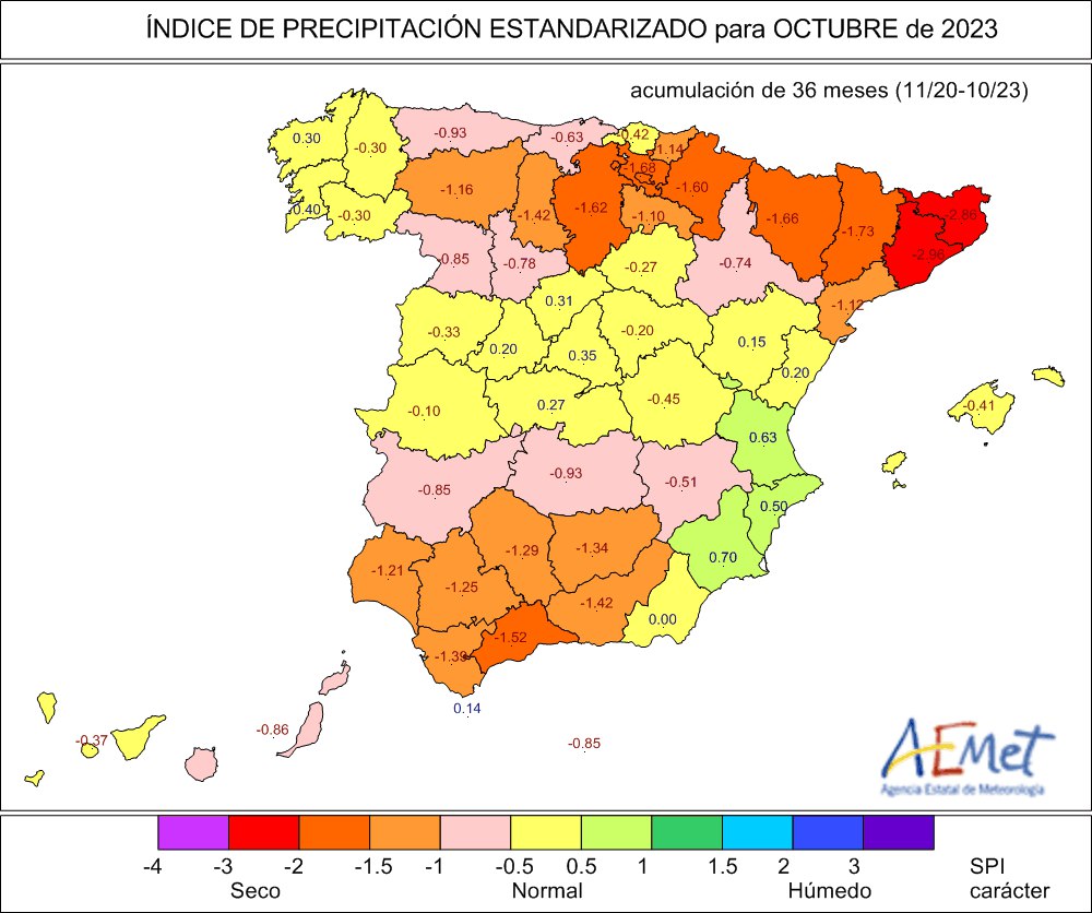 Mapa del índice de precipitación estandarizado para octubre de 2023