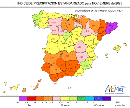 Índice de precipitación estandarizado (SPI) por provincias a treinta y seis meses, calculado a finales de noviembre de 2023. Valores inferiores a -1 indican sequía meteorológica.