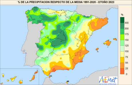 Precipitación acumulada en el otoño de 2023 con respecto al promedio del período de referencia 1991-2020